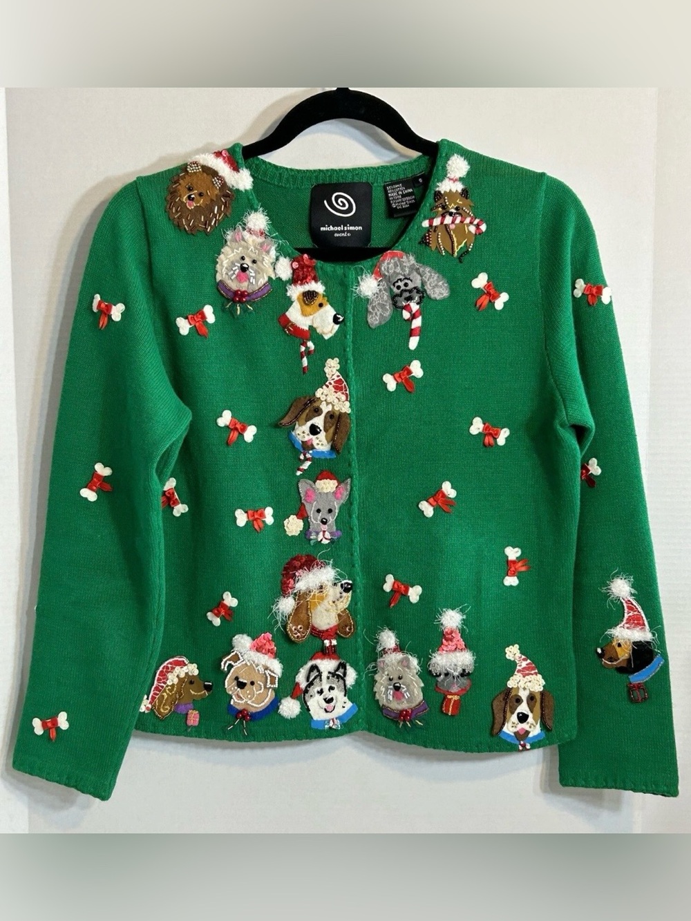 RARE Michael Simon Green Christmas Sweater With Dogs & Bones